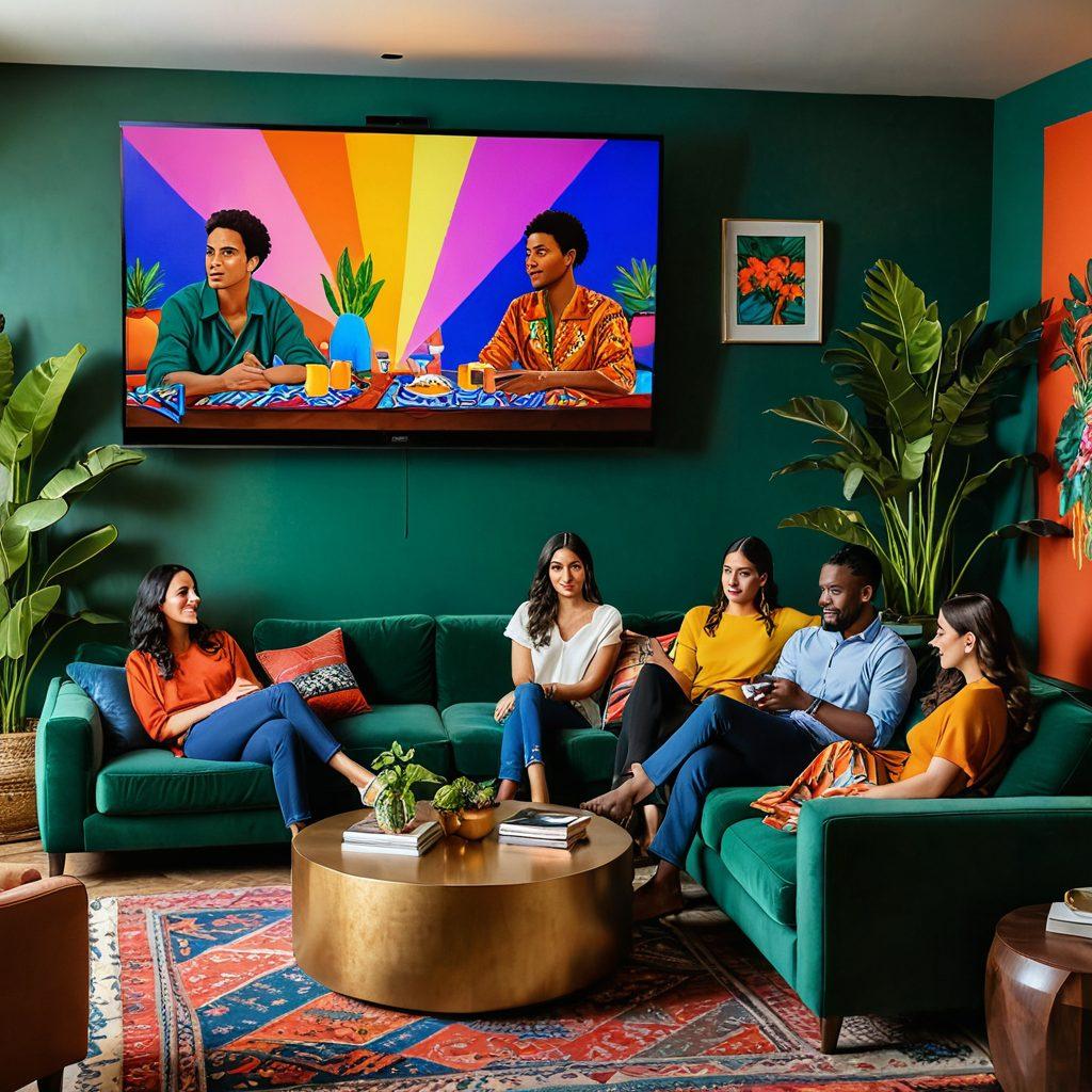 An elegant living room scene featuring a diverse group of friends enjoying a movie night, with a large screen displaying vibrant Latin American cinematic visuals. The decor should combine modern and traditional Latin American elements, such as colorful textiles, artwork, and lush plants. Soft lighting creates a warm atmosphere, highlighting the allure of streaming services. Include stylish tech gadgets subtly in the background. super-realistic. vibrant colors. cozy ambiance.