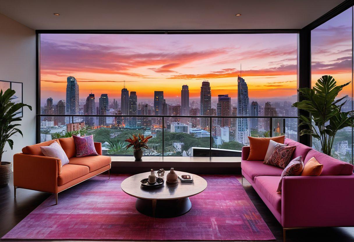 A luxurious living room with a panoramic view of a vibrant Latin American city skyline at sunset, featuring stylish furniture and digital screens displaying colorful art and videos from Latin American creators. A warm ambiance with potted tropical plants and decorative accents representing different cultures. super-realistic. vibrant colors.