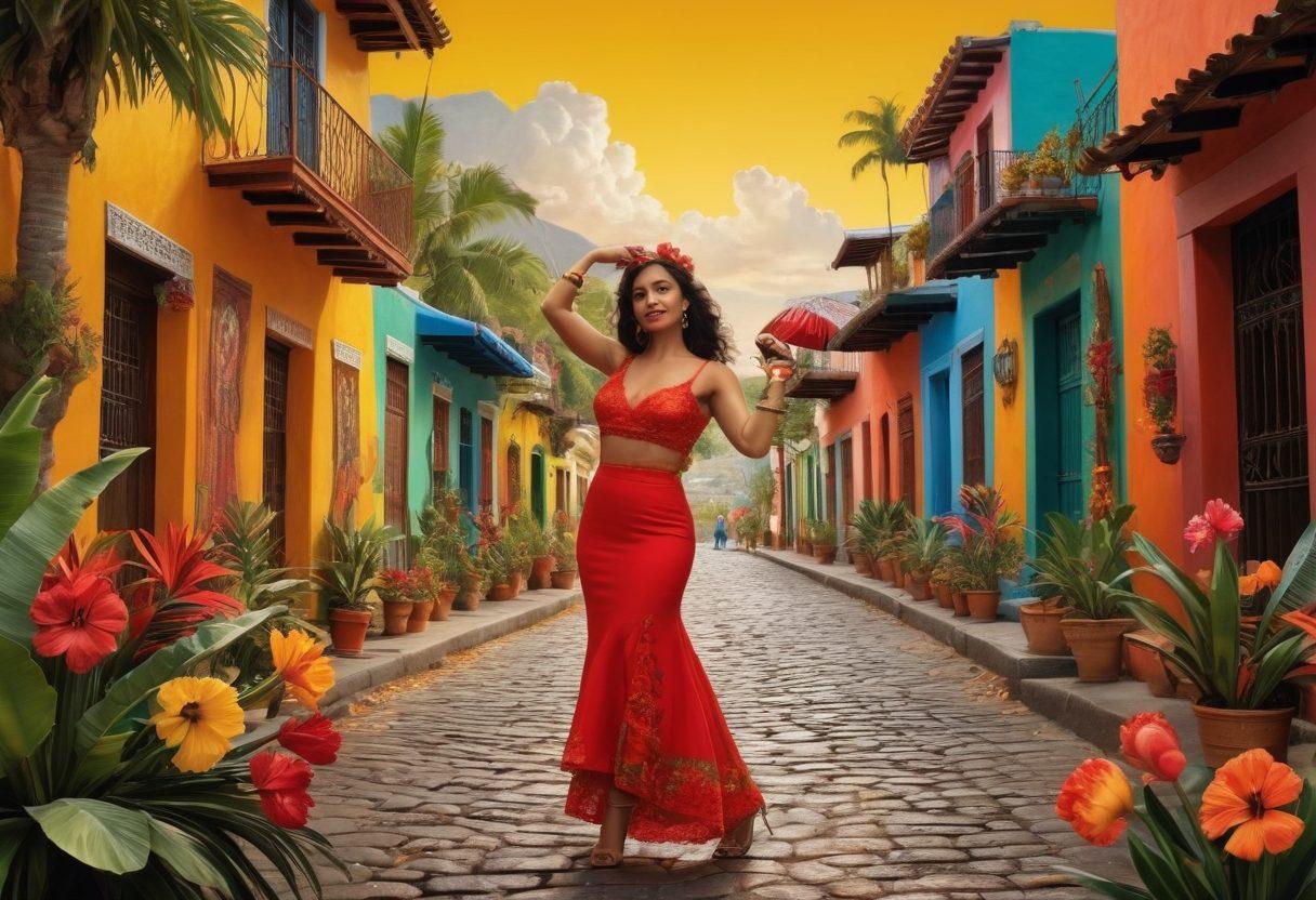 A vibrant collage showcasing iconic scenes from gorgeous Latin films and charming series, framed with traditional Latin American motifs. Include elements like colorful street festivals, passionate dance scenes, and captivating landscapes. The background should be rich with cultural symbols like maracas, papel picado, and vivid flora. Use warm hues to evoke the spirit of Latin culture. super-realistic. vibrant colors. 3D.